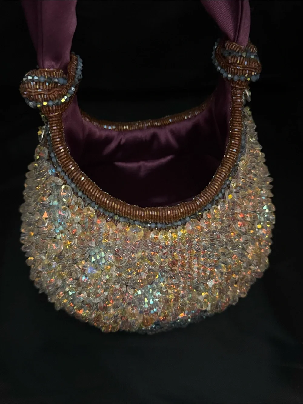 Vintage Swarovski Crystal-Embellished Evening Handbag with Plum Satin Sash Handl - Picture 4 of 8